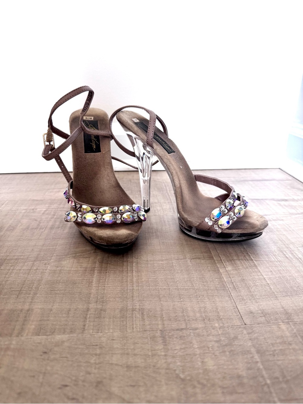 Embellished Brown Strappy High Heel Sandals with Clear Stiletto